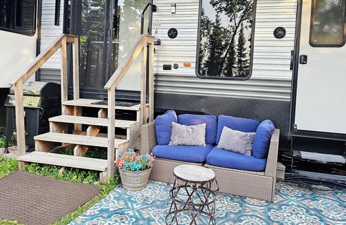 Waubun RV Rental | Luxury Lakefront Glamping near Itasca State Park + wifi, fit pit, & gas grill